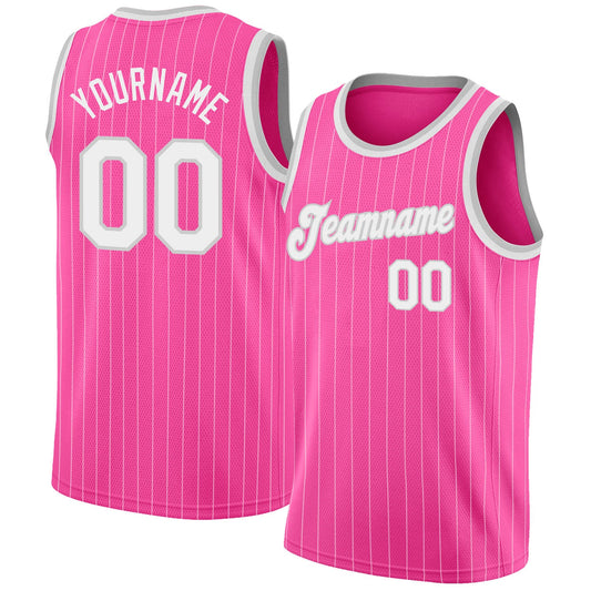 Custom Pink White Pinstripe White-Gray Authentic Basketball Jersey - Sky-Custom