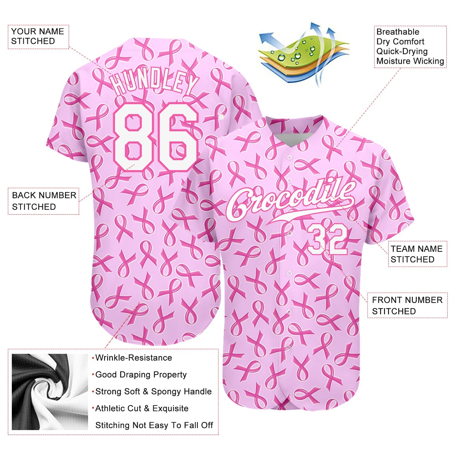 Custom Pink White 3D Pattern Design Breast Cancer Authentic Baseball Jersey - Sky-Custom