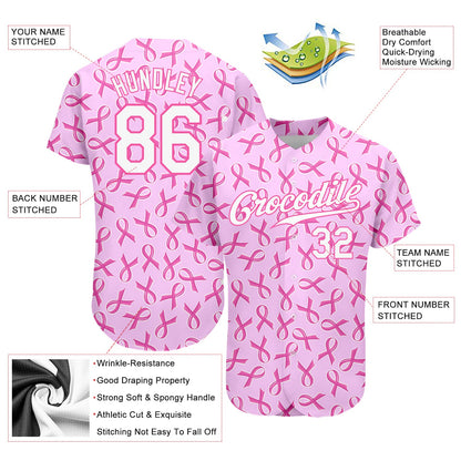 Custom Pink White 3D Pattern Design Breast Cancer Authentic Baseball Jersey - Sky-Custom