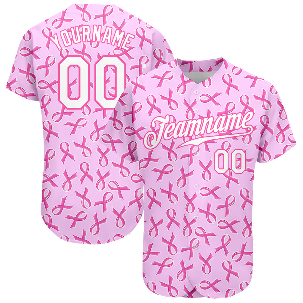 Custom Pink White 3D Pattern Design Breast Cancer Authentic Baseball Jersey - Sky-Custom