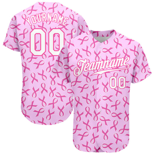 Custom Pink White 3D Pattern Design Breast Cancer Authentic Baseball Jersey - Sky-Custom