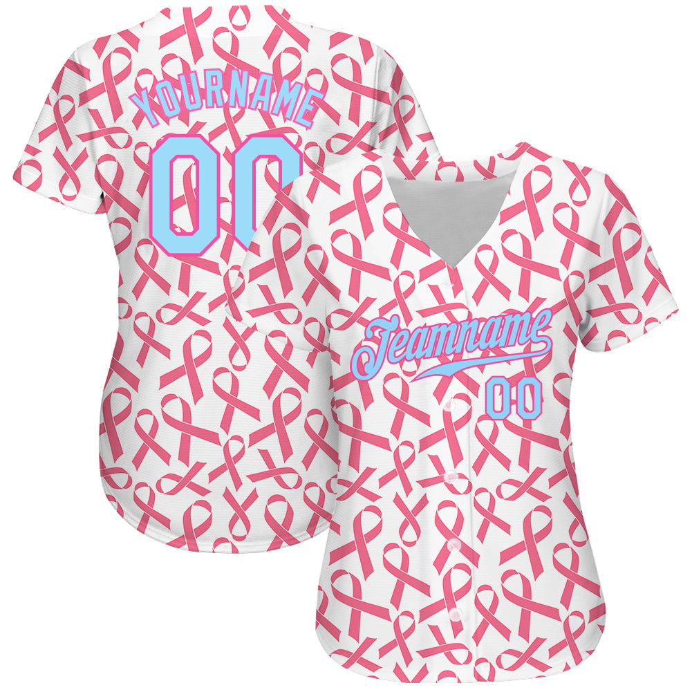 Custom Pink Light Blue-Pink 3D Pattern Design Breast Cancer Authentic Baseball Jersey - Sky-Custom
