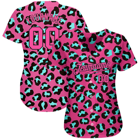 Custom Pink Pink-Black 3D Pattern Design Leopard Authentic Baseball Jersey - Sky-Custom