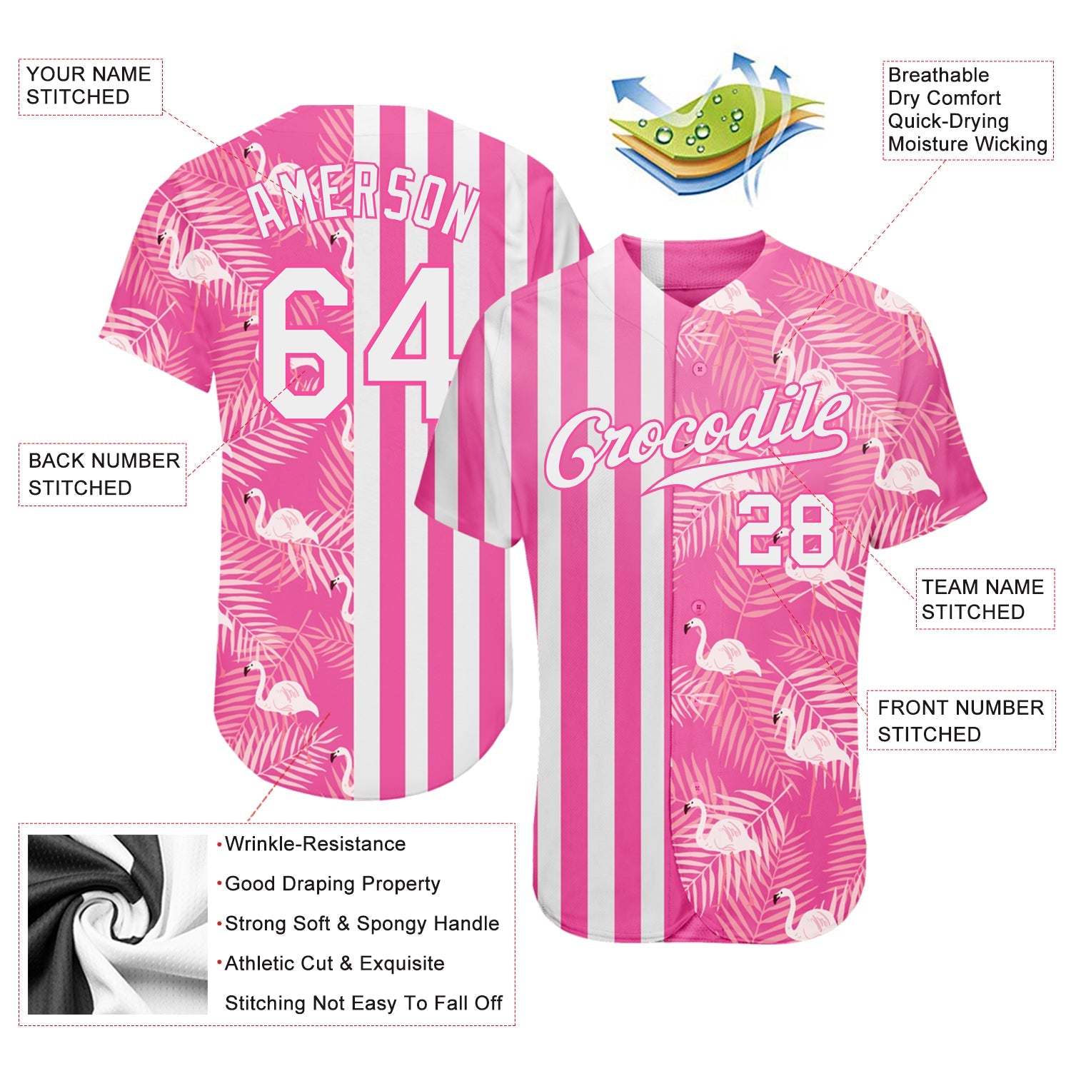 Custom Pink White 3D Pattern Design Tropical Palm Leaves And Famingo Authentic Baseball Jersey - Sky-Custom