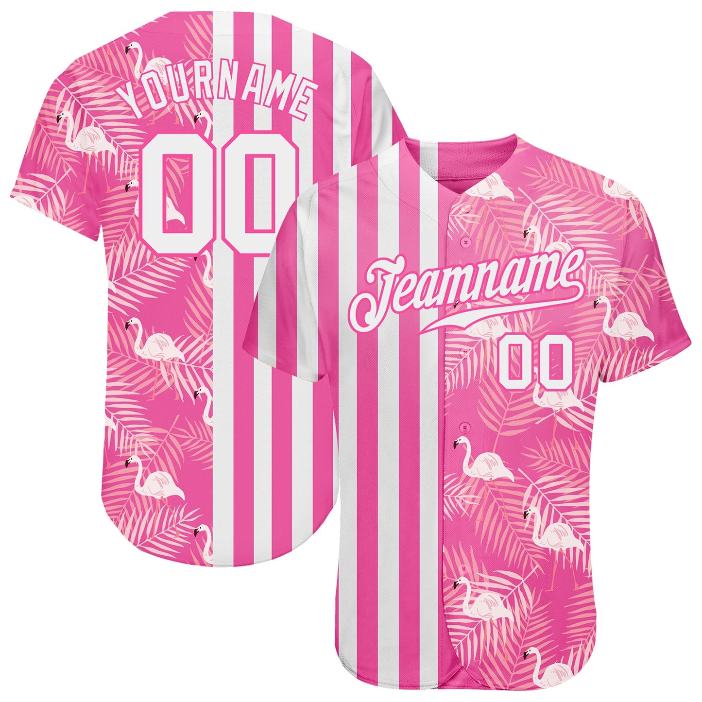 Custom Pink White 3D Pattern Design Tropical Palm Leaves And Famingo Authentic Baseball Jersey - Sky-Custom