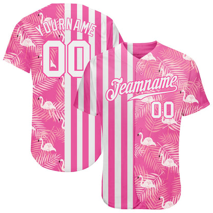 Custom Pink White 3D Pattern Design Tropical Palm Leaves And Famingo Authentic Baseball Jersey - Sky-Custom