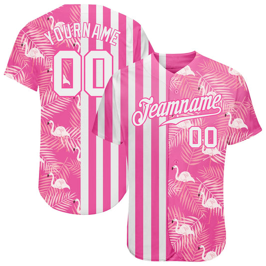 Custom Pink White 3D Pattern Design Tropical Palm Leaves And Famingo Authentic Baseball Jersey - Sky-Custom