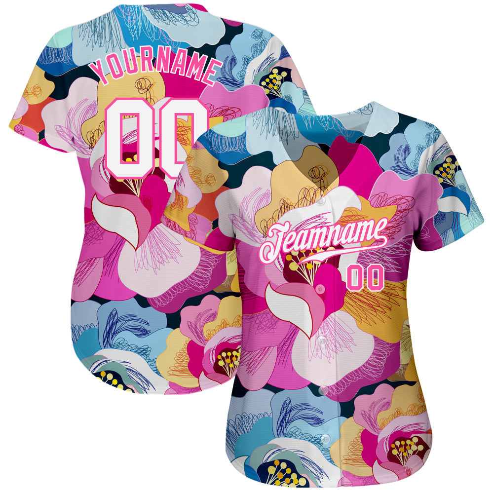 Custom Pink White-Pink 3D Pattern Design Flowers Authentic Baseball Jersey - Sky-Custom