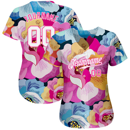 Custom Pink White-Pink 3D Pattern Design Flowers Authentic Baseball Jersey - Sky-Custom