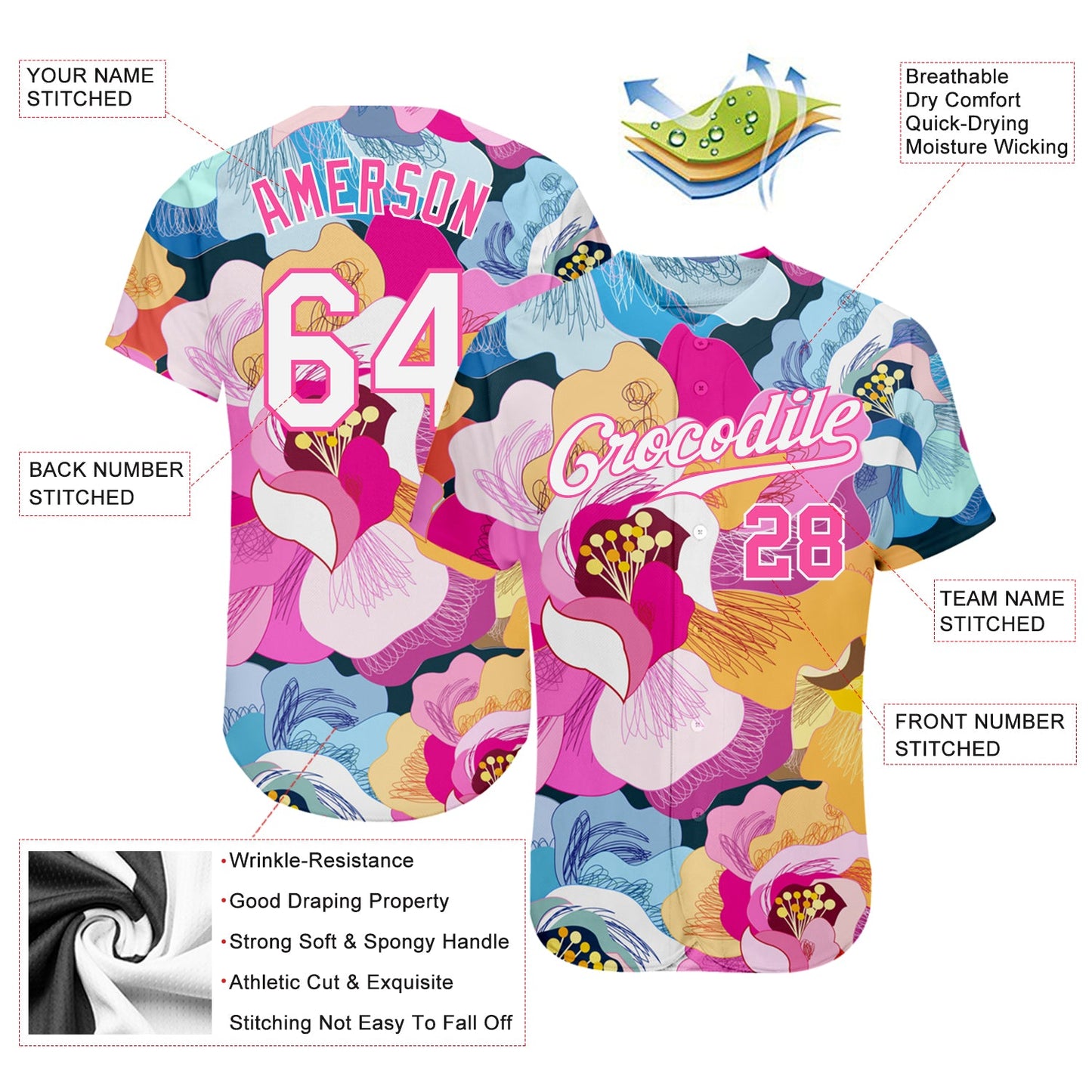 Custom Pink White-Pink 3D Pattern Design Flowers Authentic Baseball Jersey - Sky-Custom