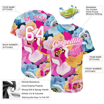Custom Pink White-Pink 3D Pattern Design Flowers Authentic Baseball Jersey - Sky-Custom