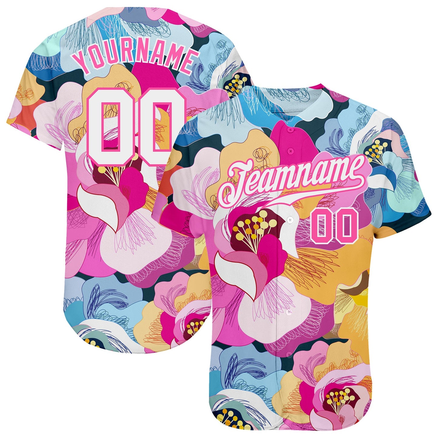 Custom Pink White-Pink 3D Pattern Design Flowers Authentic Baseball Jersey - Sky-Custom