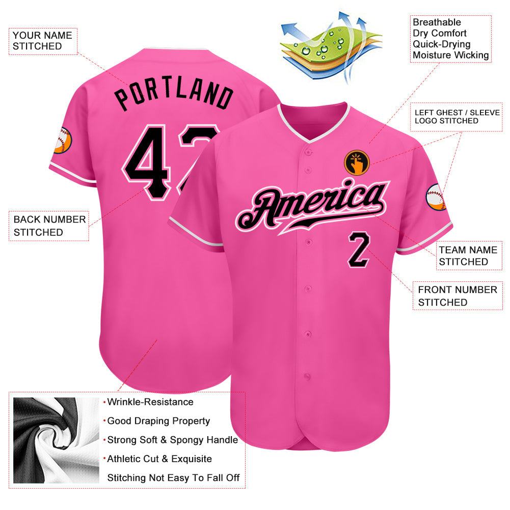 Custom Pink Black-White Authentic Baseball Jersey - Sky-Custom