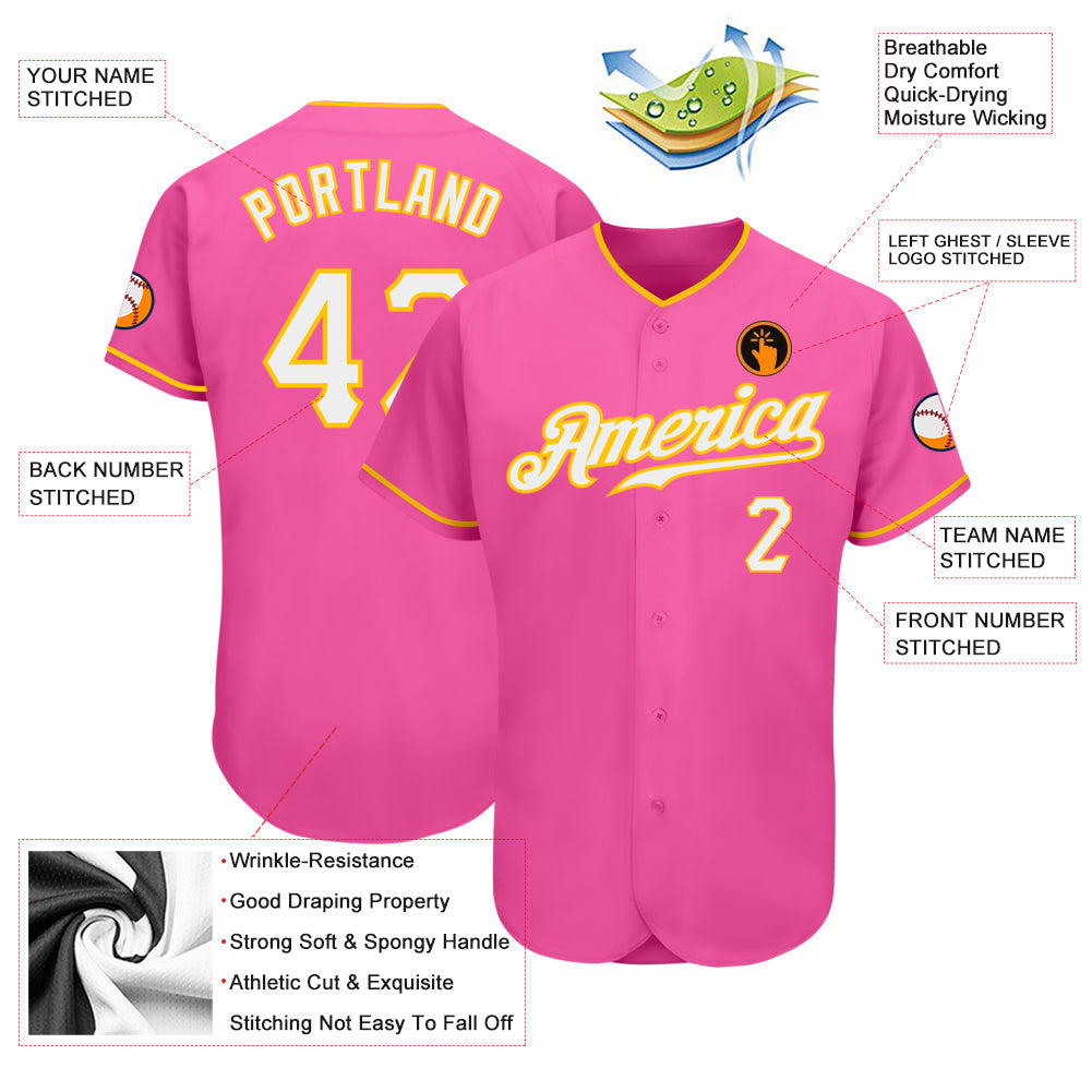 Custom Pink White-Gold Authentic Baseball Jersey - Sky-Custom