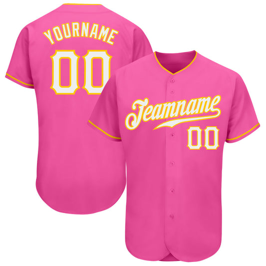 Custom Pink White-Gold Authentic Baseball Jersey - Sky-Custom