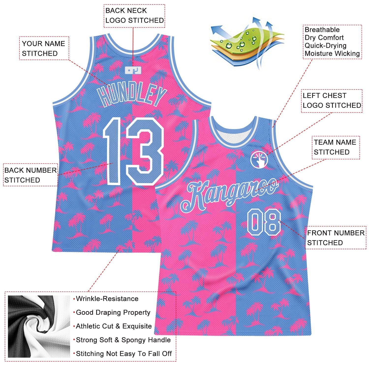 Custom Pink Light Blue-White 3D Pattern Hawaii Palm Trees Authentic Basketball Jersey - Sky-Custom