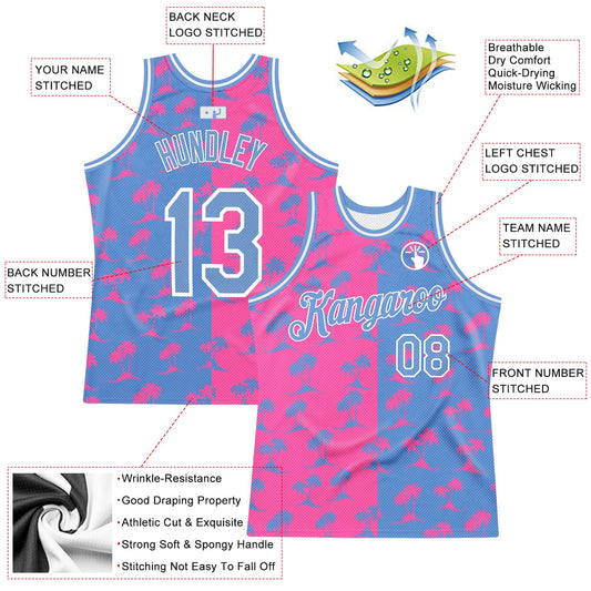 Custom Pink Light Blue-White 3D Pattern Hawaii Palm Trees Authentic Basketball Jersey - Sky-Custom