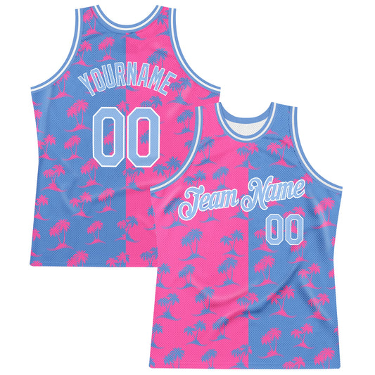 Custom Pink Light Blue-White 3D Pattern Hawaii Palm Trees Authentic Basketball Jersey - Sky-Custom