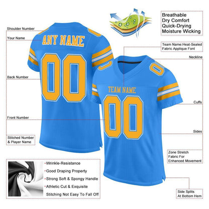 Custom Powder Blue Gold-White Mesh Authentic Football Jersey - Sky-Custom