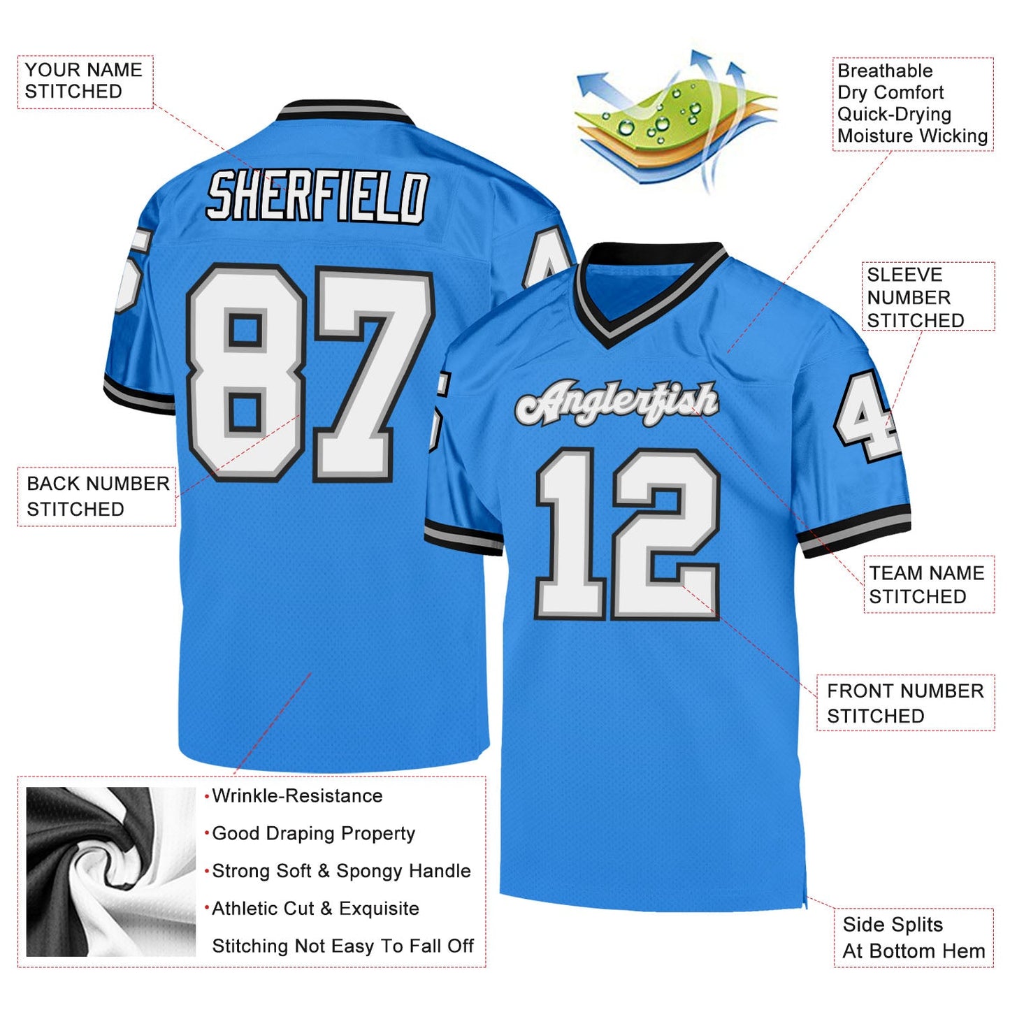 Custom Powder Blue White-Black Mesh Authentic Throwback Football Jersey - Sky-Custom
