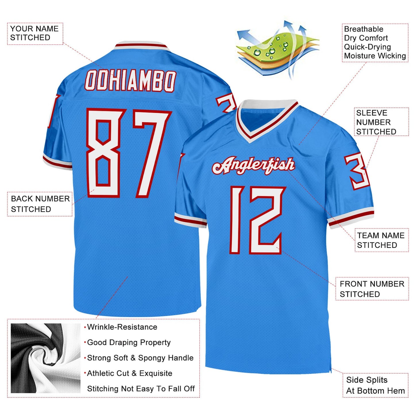 Custom Powder Blue White-Red Mesh Authentic Throwback Football Jersey - Sky-Custom