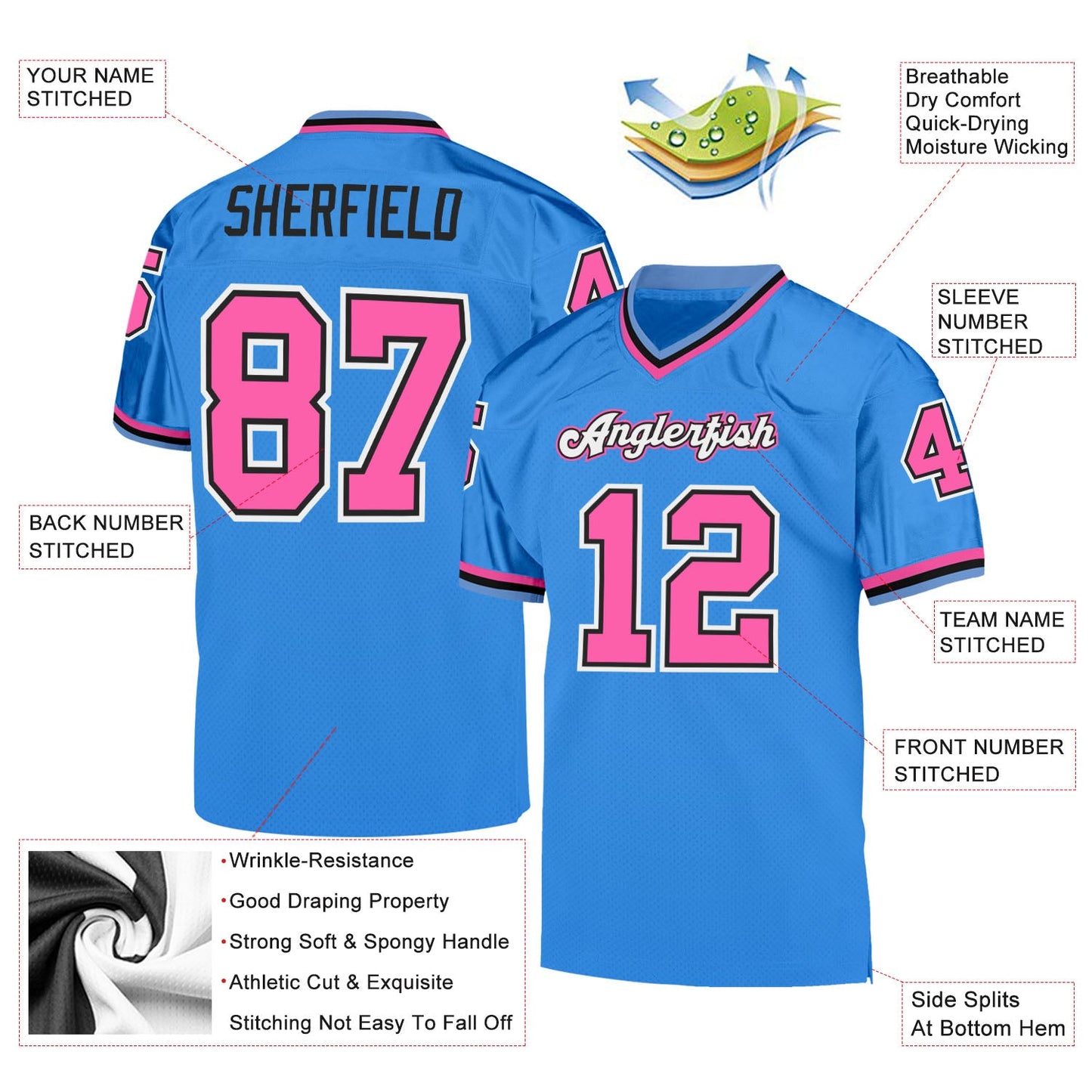 Custom Powder Blue Pink-Black Mesh Authentic Throwback Football Jersey - Sky-Custom