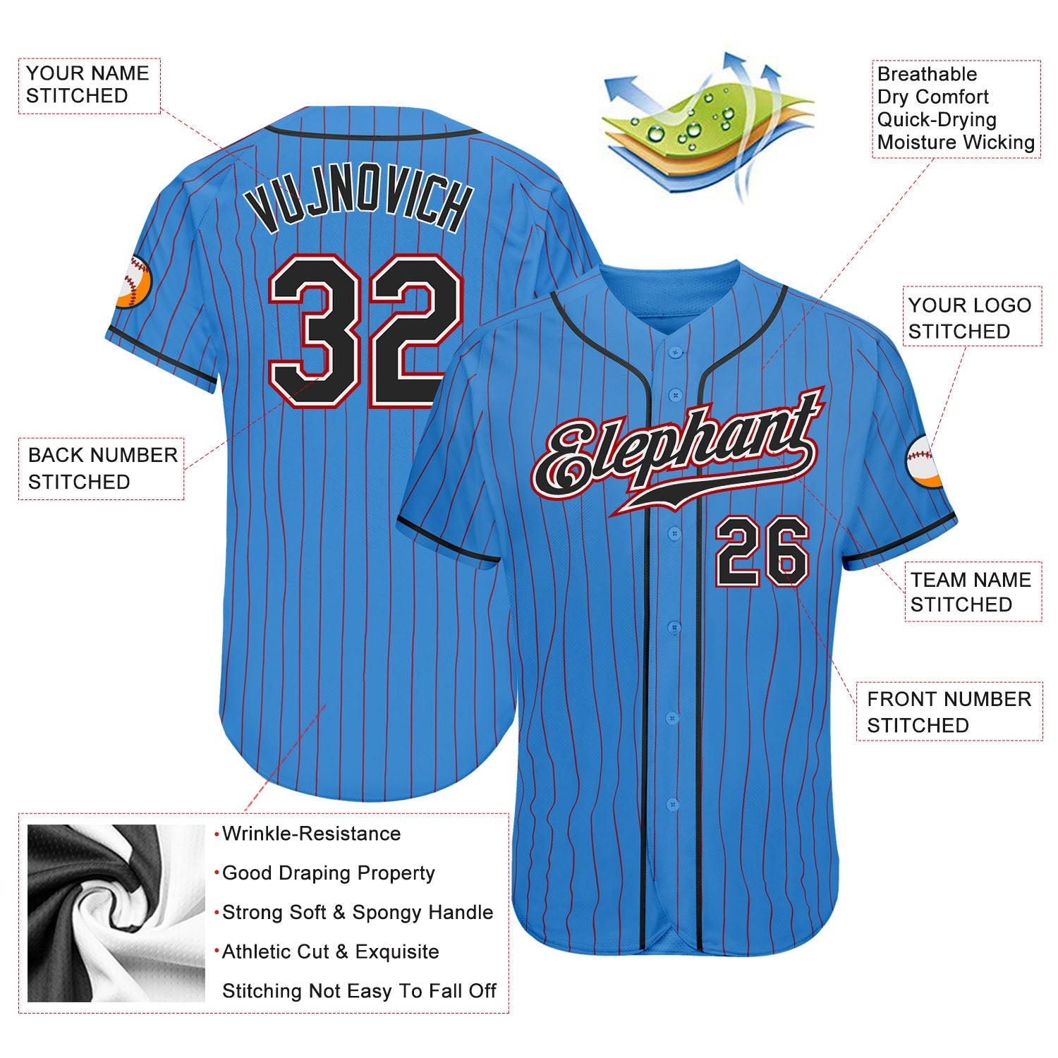 Custom Powder Blue Red Pinstripe Black-White Authentic Baseball Jersey - Sky-Custom