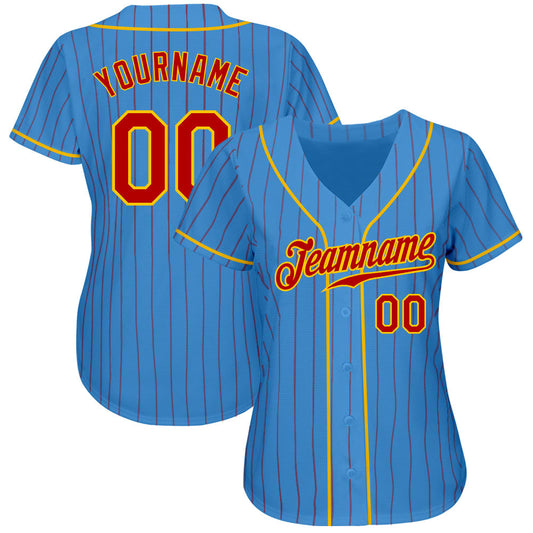 Custom Powder Blue Red Pinstripe Red-Gold Authentic Baseball Jersey - Sky-Custom