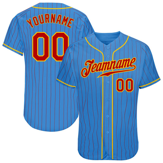 Custom Powder Blue Red Pinstripe Red-Gold Authentic Baseball Jersey - Sky-Custom