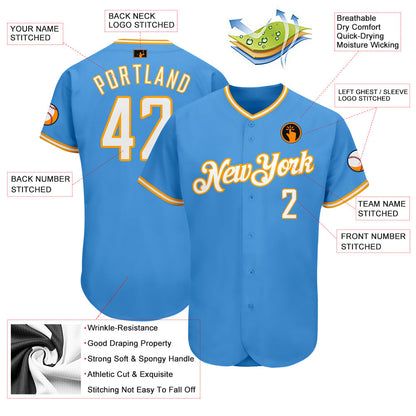 Custom Powder Blue White-Gold Authentic Baseball Jersey - Sky-Custom