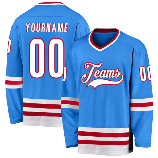 Custom Powder Blue White-Red Hockey Jersey - Sky-Custom