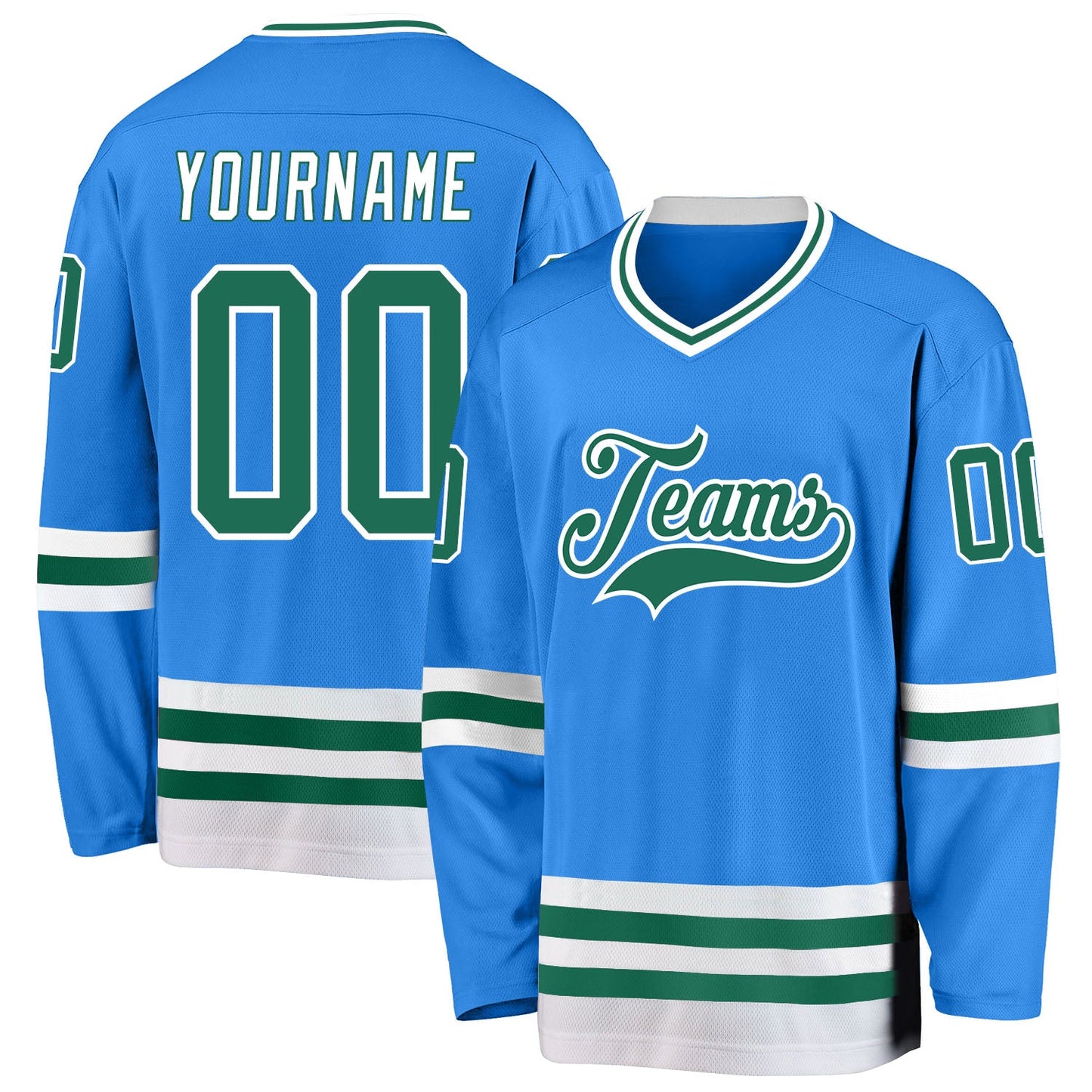 Custom Powder Blue Kelly Green-White Hockey Jersey - Sky-Custom