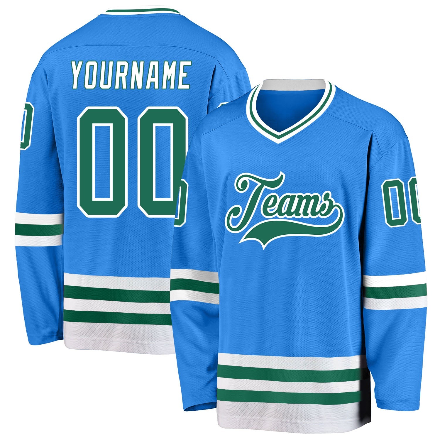 Custom Powder Blue Kelly Green-White Hockey Jersey - Sky-Custom