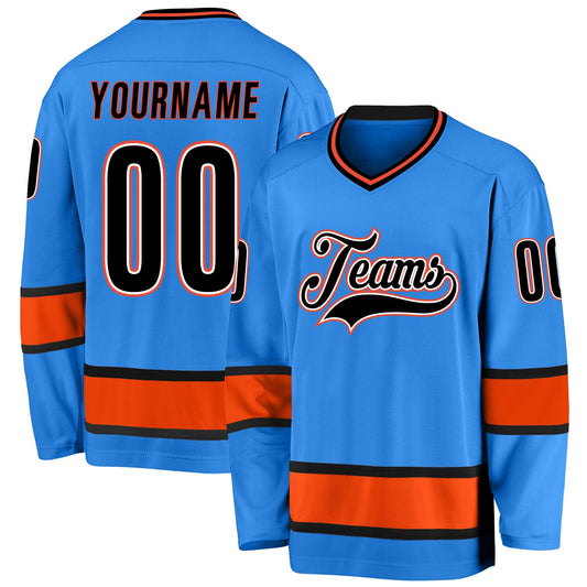 Custom Powder Blue Black-Orange Hockey Jersey - Sky-Custom