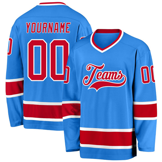 Custom Powder Blue Red-White Hockey Jersey - Sky-Custom