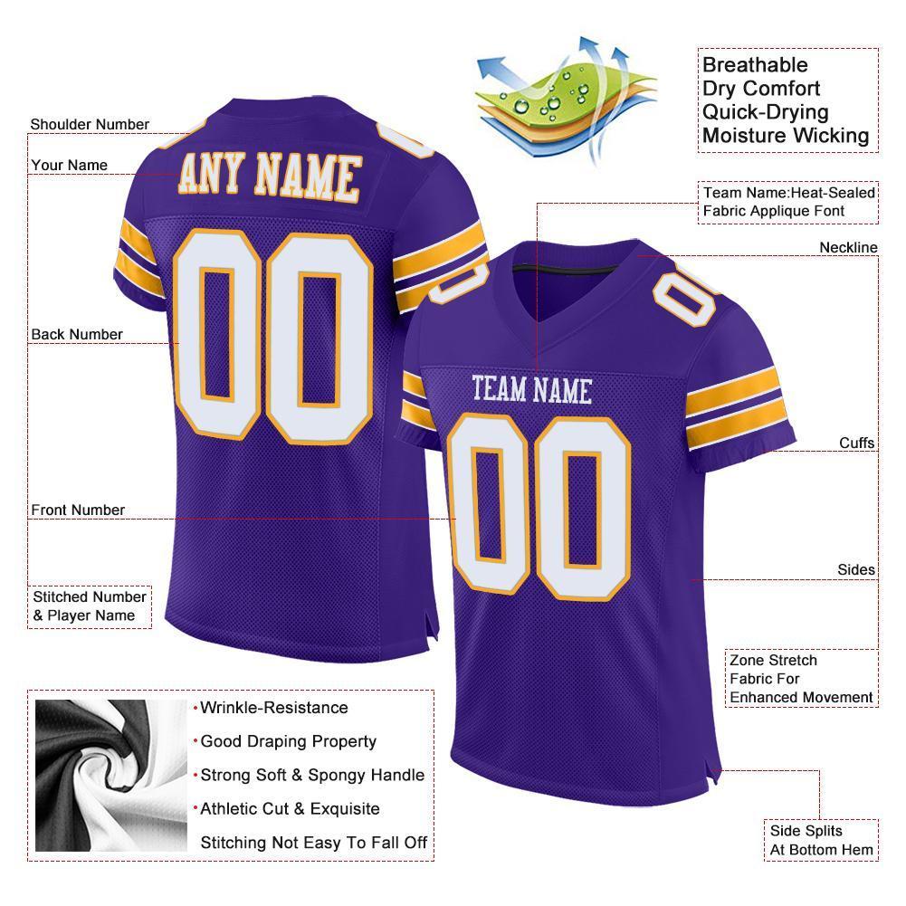 Custom Purple White-Gold Mesh Authentic Football Jersey - Sky-Custom
