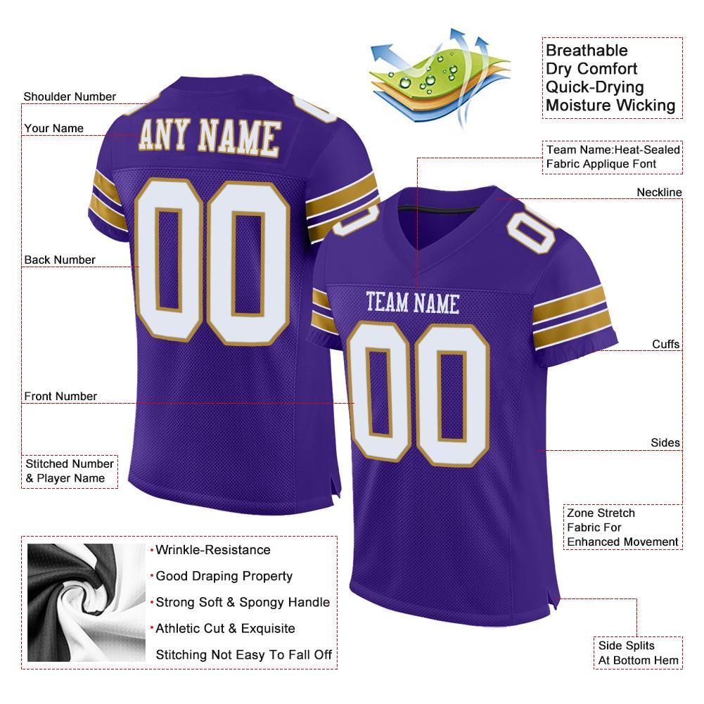 Custom Purple White-Old Gold Mesh Authentic Football Jersey - Sky-Custom
