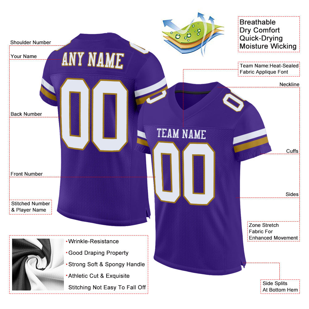 Custom Purple White-Old Gold Mesh Authentic Football Jersey - Sky-Custom