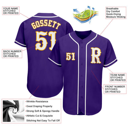 Custom Purple White-Gold Authentic Baseball Jersey - Sky-Custom
