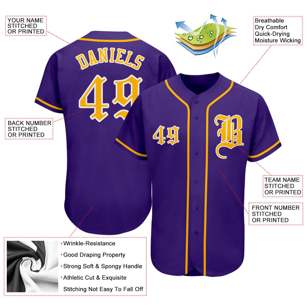Custom Purple Gold-White Authentic Baseball Jersey - Sky-Custom