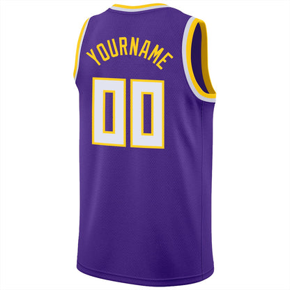 Custom Purple White-Gold Round Neck Rib-Knit Basketball Jersey - Sky-Custom