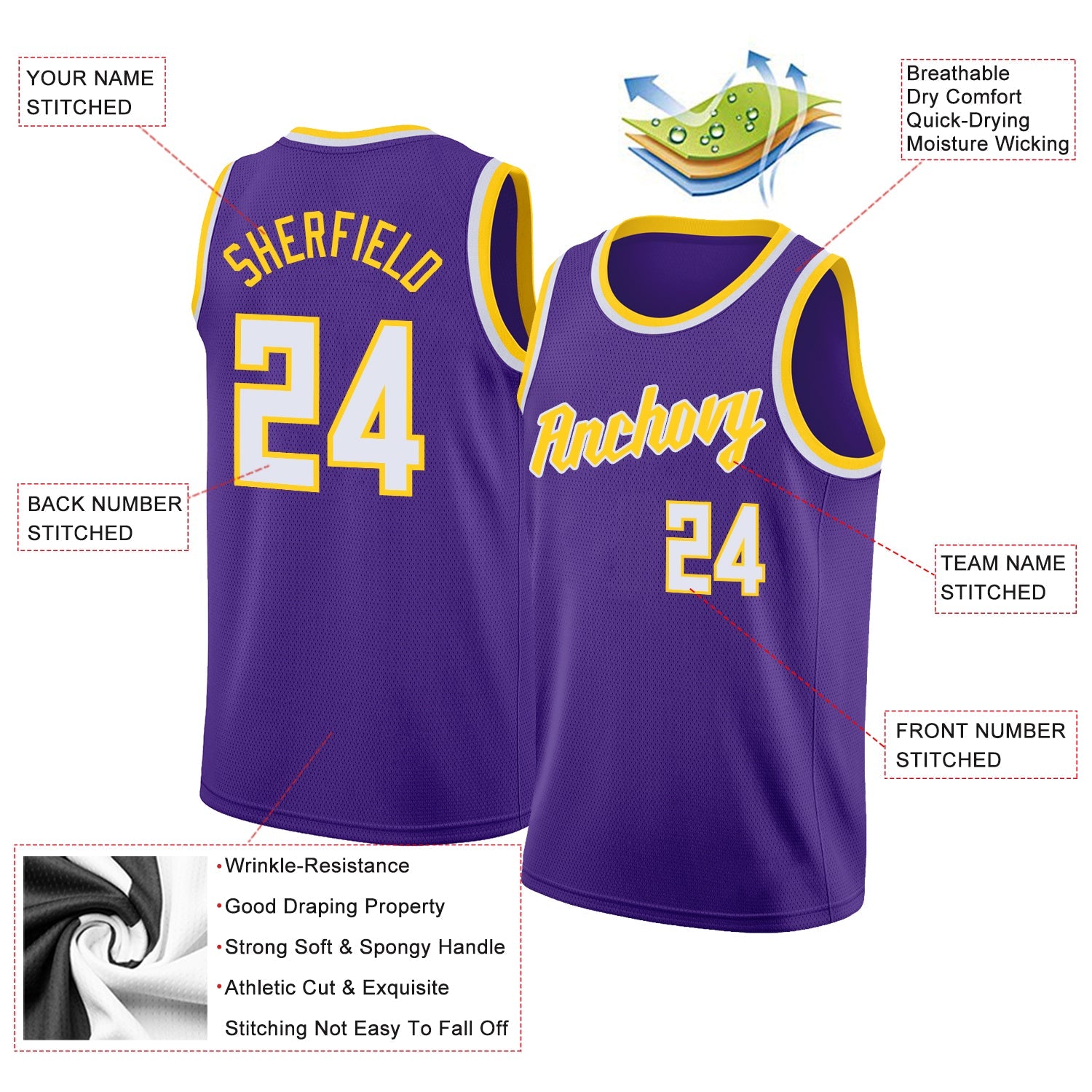 Custom Purple White-Gold Round Neck Rib-Knit Basketball Jersey - Sky-Custom