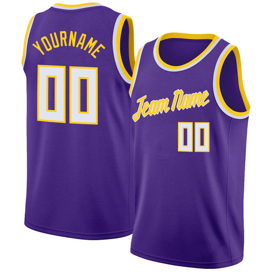 Custom Purple White-Gold Round Neck Rib-Knit Basketball Jersey - Sky-Custom