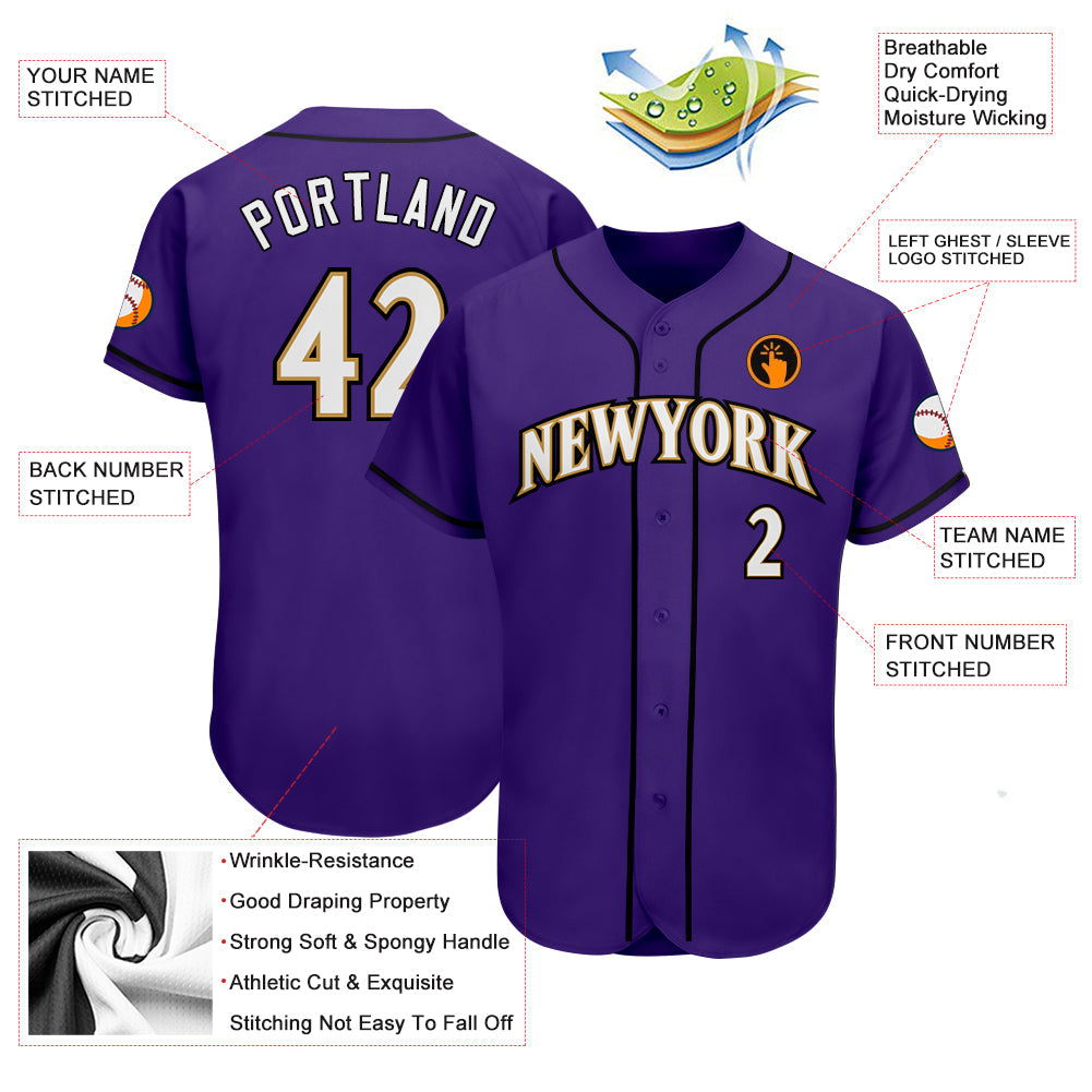 Custom Purple White-Old Gold Authentic Baseball Jersey - Sky-Custom