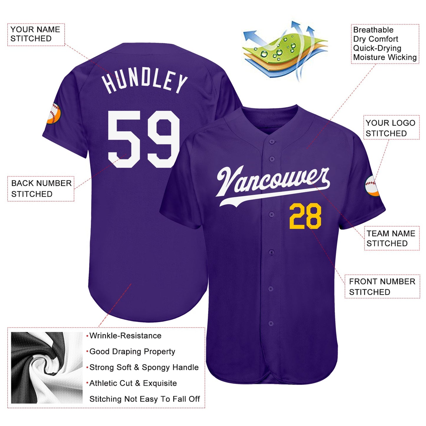 Custom Purple White-Gold Authentic Baseball Jersey - Sky-Custom