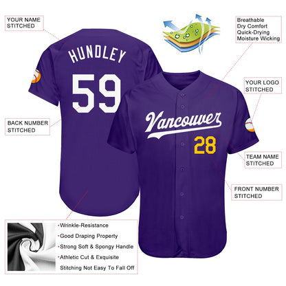 Custom Purple White-Gold Authentic Baseball Jersey - Sky-Custom