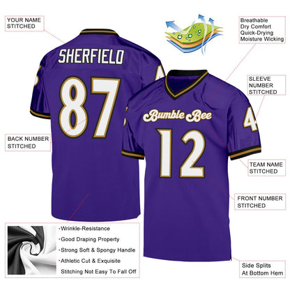 Custom Purple White-Old Gold Mesh Authentic Throwback Football Jersey - Sky-Custom