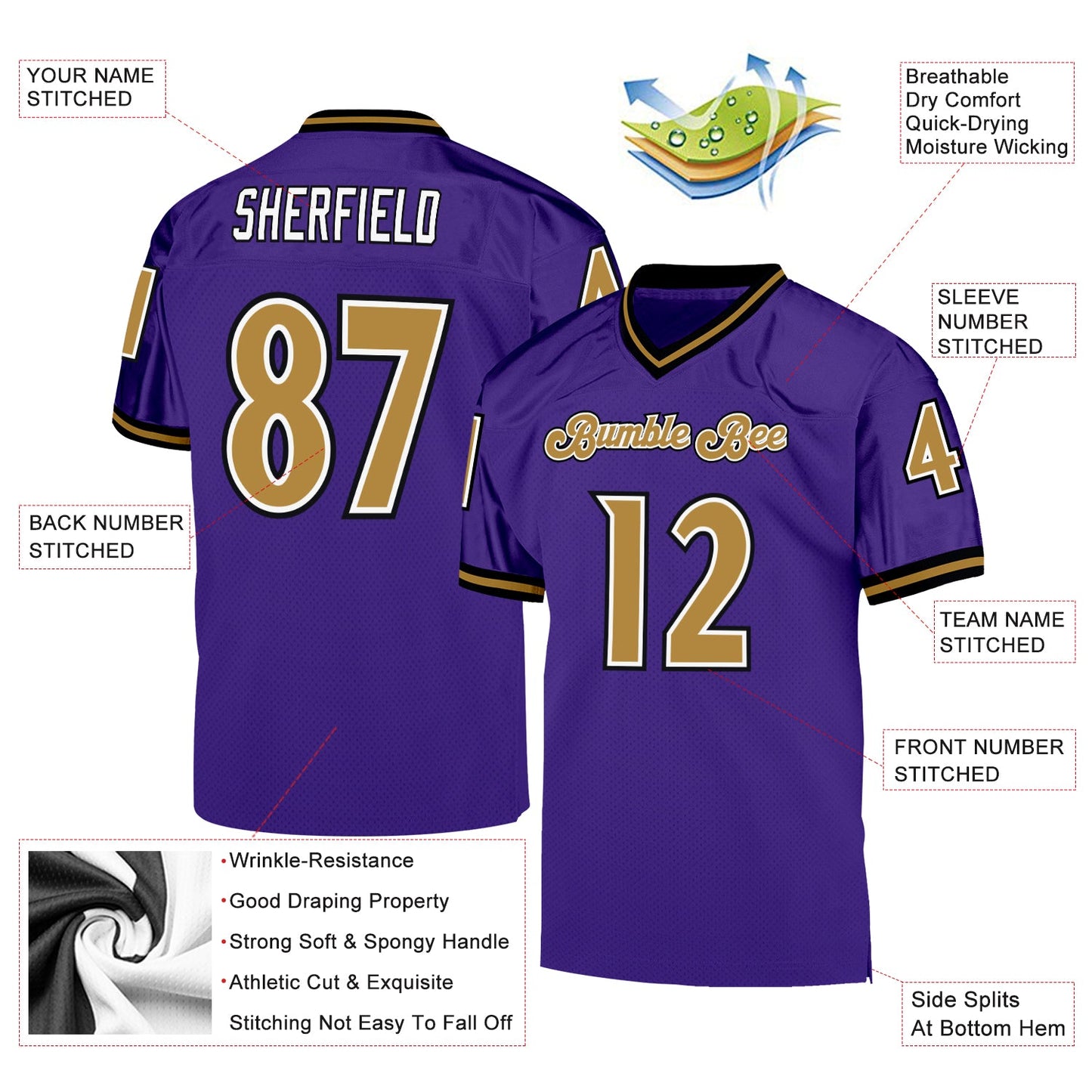 Custom Purple Old Gold-Black Mesh Authentic Throwback Football Jersey - Sky-Custom