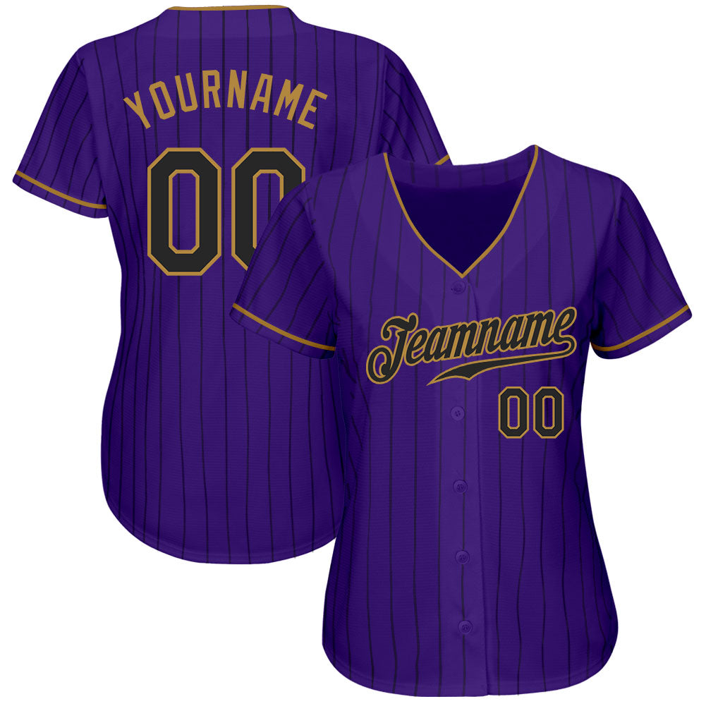Custom Purple Black Pinstripe Black-Old Gold Authentic Baseball Jersey - Sky-Custom