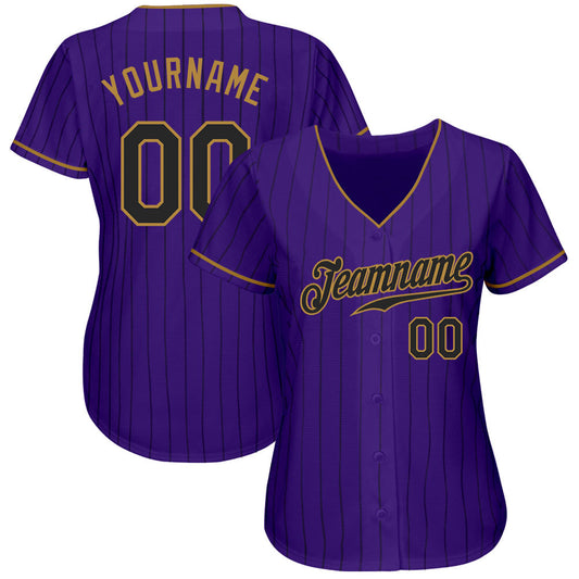 Custom Purple Black Pinstripe Black-Old Gold Authentic Baseball Jersey - Sky-Custom